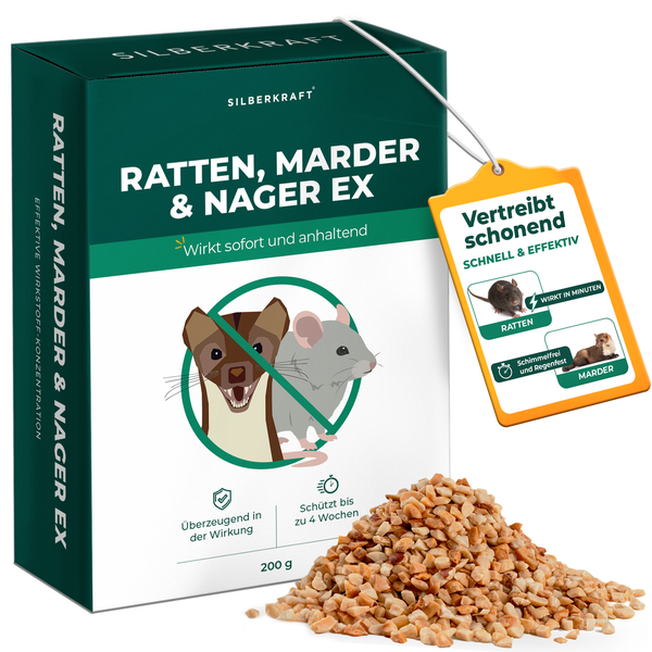 Silberkraft Ratten, Marder & Nager EX Granulat 200g, Schädlinge von deinem Grundstück fernhalten, Nagerschreck, Rattenabwehr, Mardervertreiber, Alternative zu Sprays, Gittern oder Ultraschallgeräten