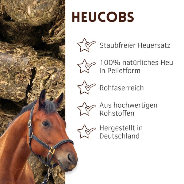 Heucobs Produktinformationen mit Pferd und Qualitätsmerkmalen