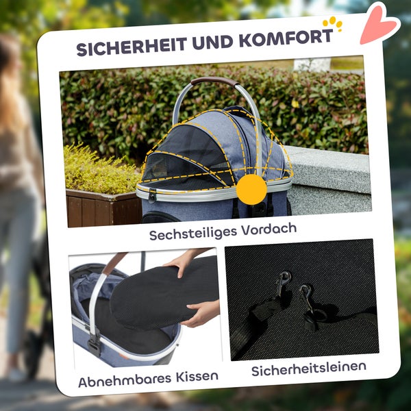 PawHut Hundewagen 3 in 1 Hundebuggy klappbar für Hunde & Katzen bis 10 kg Katzenbuggy mit Kissen Becherhalter Netzfenstern Türen Aufbewahrungskorb Katzenwagen Buggy Dunkelblau