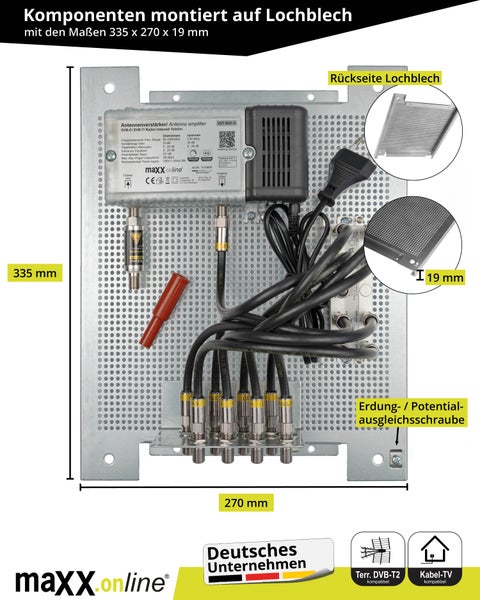 8 Teilnehmer Set mit Antennenverstärker für Kabelfernsehen 33 dB Verstärkung & Rückkanal, Kabel Verteiler, Überspannungsschutz, F-Verbindungskabel vormontiert auf Lochblech Montageplatte