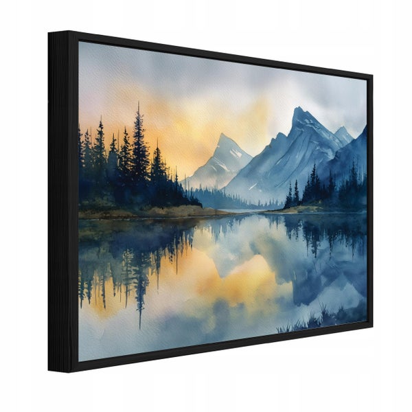 Wandbild mit Berglandschaft und See in einem schwarzen Rahmen als perspektivische Ansicht.
