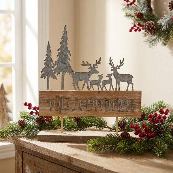 Dekorativer Willkommensaufsteller aus Holz und Metall mit winterlichem Motiv aus Hirschen und Tannenbäumen für die Tischdekoration.