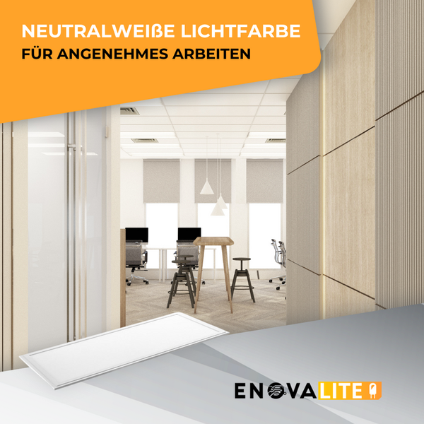Büro mit Schreibtischen und Deckenleuchte für neutralweisses Licht