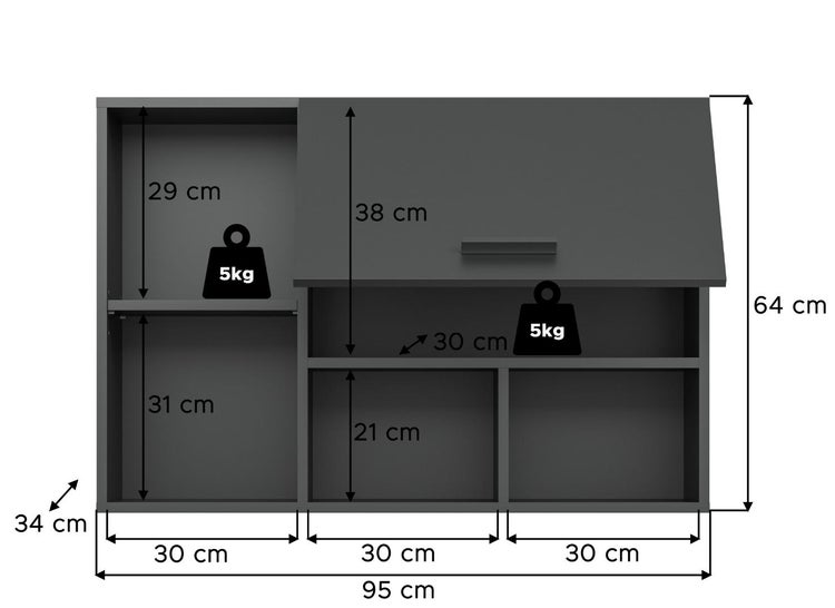 Maßzeichnung eines dunkelgrauen Schranks mit einer Breite von 95 Zentimetern, einer Höhe von 64 Zentimetern und einer Tiefe von 34 Zentimetern. Belastbarkeit pro Fach 5 Kilogramm.