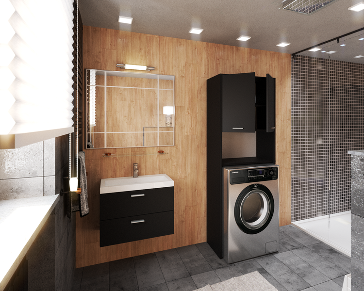 Badezimmer mit Waschbeckenunterschrank, Spiegelschrank, Waschmaschine und Duschkabine