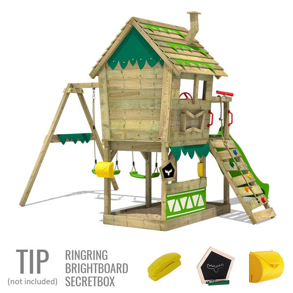 FATMOOSE Spielturm Klettergerüst JungleJumbo mit Schaukel und Rutsche, Kletterturm mit Sandkasten, Leiter und Spiel-Zubehör - grün