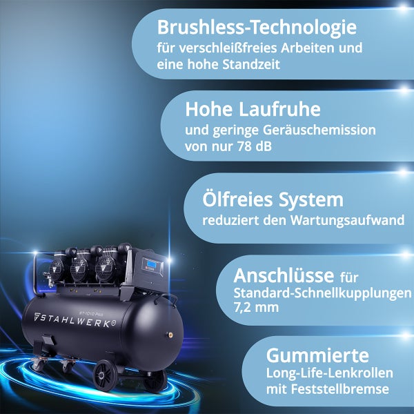 STAHLWERK ST-1010 Pro Kompressor mit Brushless-Technologie, geringer Geräuschemission von 78 dB, ölfreiem System, Standard-Schnellkupplungen 7,2 mm und gummierten Long-Life-Lenkrollen mit Feststellbremse