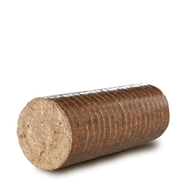 Rundes Holzbrikett aus gepressten Holzfasern für Kamin und Ofen.
