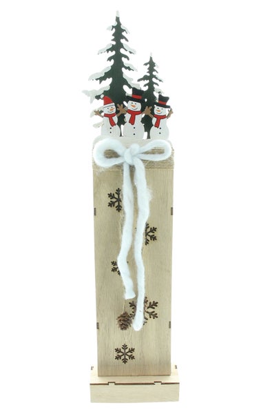 FRANK FLECHTWAREN | LED-Säule Schneemänner im Wald, 11 x 7 x 46 cm, HOLZ, JUTE, WOLLE,