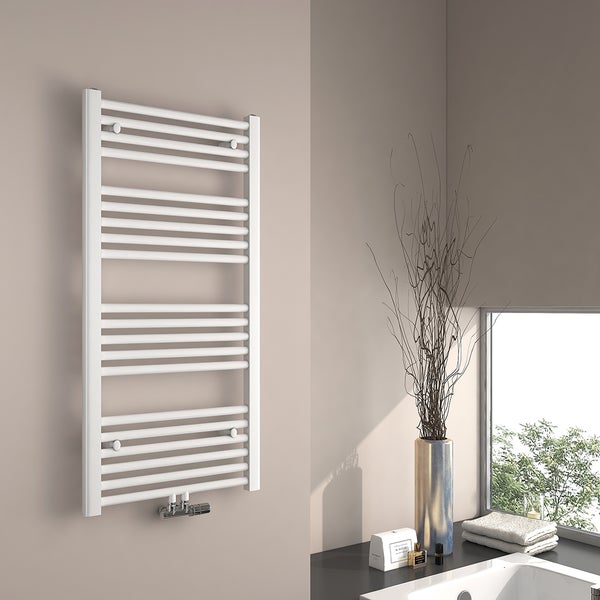 EMKE Badheizkörper Handtuchwärmer Handtuchtrockner 50 x 100 cm für Badezimmer, Mittelanschluss Wasserbetrieb, zentral beheizt, Weiß Rundrohr, 10 bar, 451W
