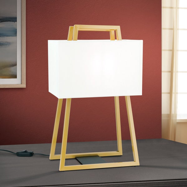 Tischleuchte mit rechteckigem Lampenschirm und goldenem Gestell