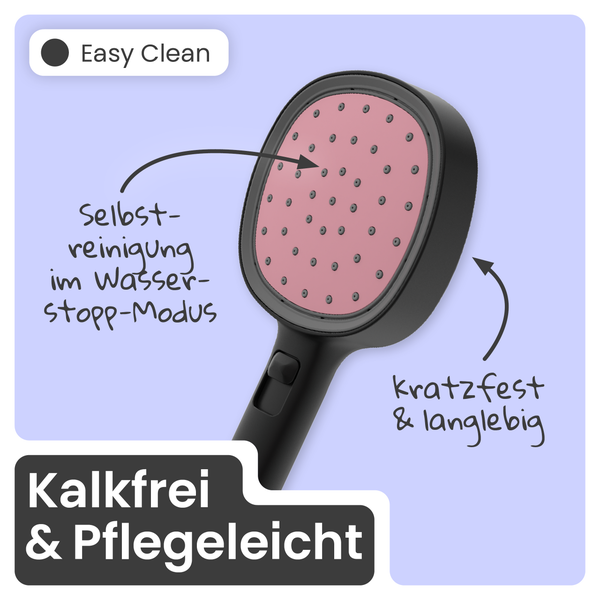 Schwarze Handbrause mit quadratischem Kopf, rosafarbener Sprühplatte, Selbstreinigung im Wasserstopp-Modus, kalkfrei, pflegeleicht und kratzfest.