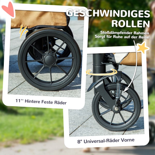 PawHut Hundewagen Hundebuggy klappbar für große Hunde & Katzen bis 30 kg Katzenbuggy mit Kissen Netzfenstern Türen Aufbewahrungstasche Katzenwagen mit Sicherheitsleinen, Bremsen, Buggy Braun