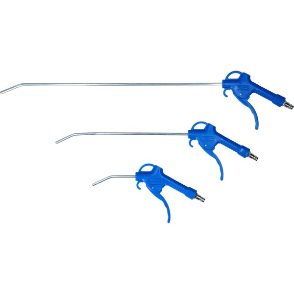 Drei blaue Ausblaspistolen mit unterschiedlichen Düsenlängen