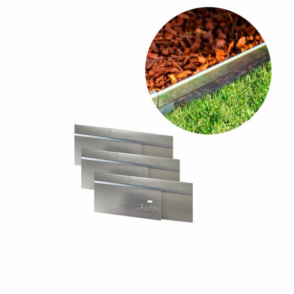 Set aus verzinkten Metall Rasenkanten in gerader Ausführung für eine saubere Abgrenzung zwischen Rasen und Rindenmulch im Garten