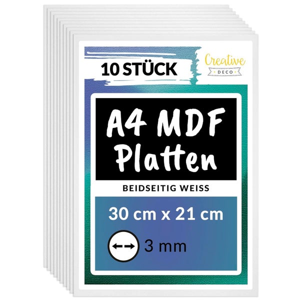 10er Set MDF-Platten Creative DECO, DIN A4 Format, 30 mal 21 Zentimeter, 3 Millimeter Dicke, beidseitig weiß.