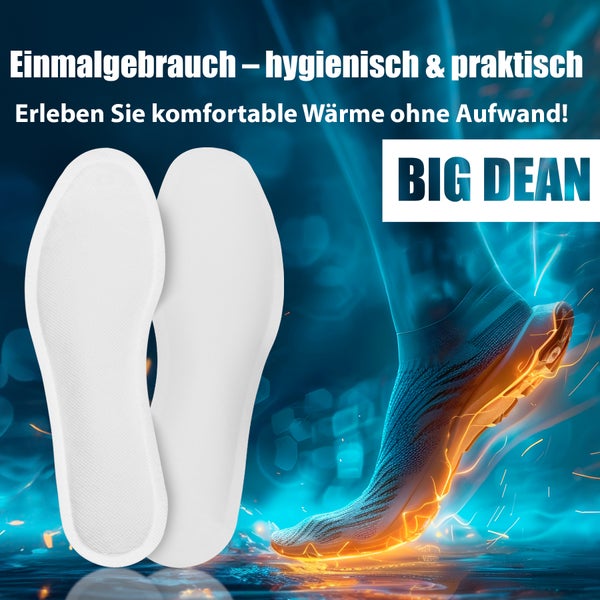Weiße Big Dean Wärmesohlen für den Einmalgebrauch und eine grafische Darstellung eines gewärmten Fußes. Big Dean Logo.