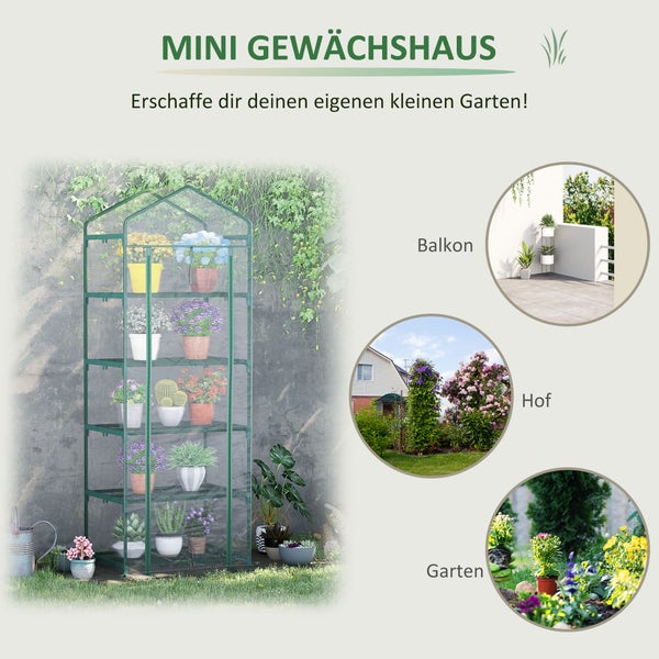 Outsunny Foliengewächshaus, Mini-Gewächshaus mit 5 Regale,  69 x 49 x 193 cm,  Stahl Kunststoff, Transparent+Grün