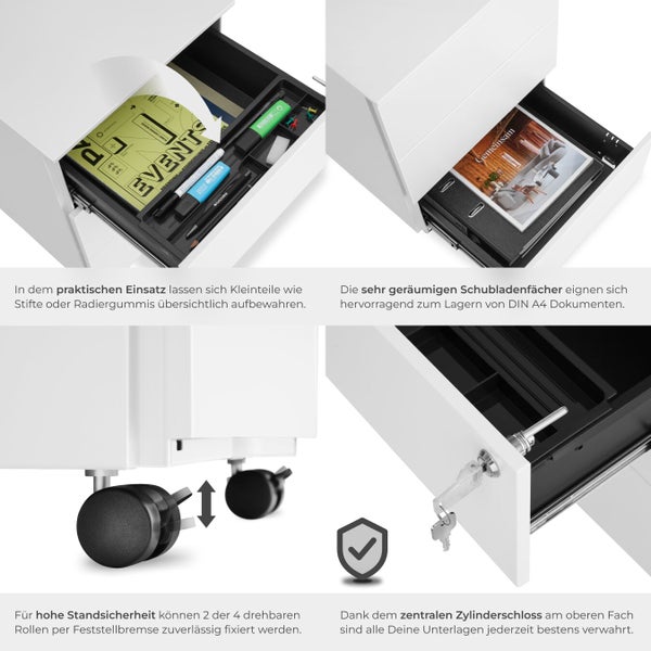 Details des Rollcontainers: Schubladen, Rollen mit Feststellbremse und Zylinderschloss.