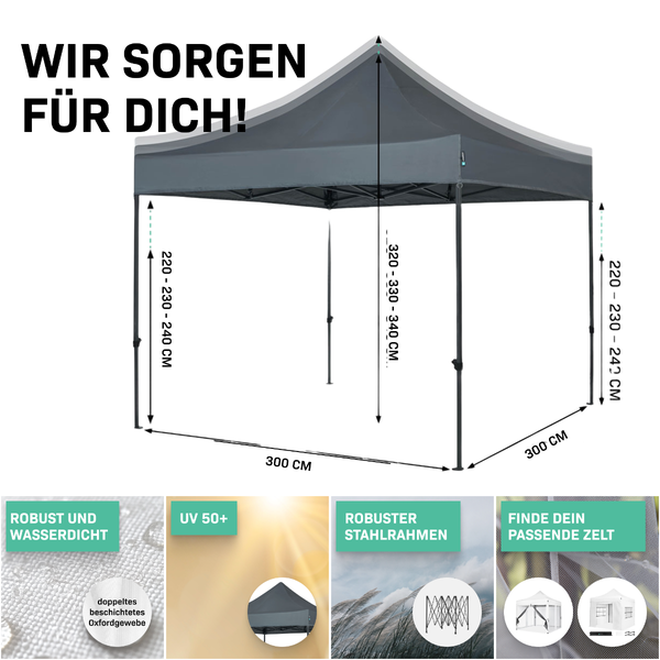 VONROC Pavillon 3x3m wasserdicht stabil - Partyzelt EasyUp System [3Min Aufbau] Popup Faltpavillon modular erweiterbar als Festival Zelt, Gartenpavillon