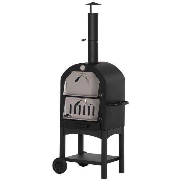 Outsunny 2-In-1 Pizzaofen Outdoor mit Rollen Grillofen mit Schutzhülle Pizzaschaufel 2 Grillnetzen Grillwagen mit Schornstein 3-Tier Holzbackofen für BBQ Stahl Schwarz+Silber 63 x 54 x 161 cm