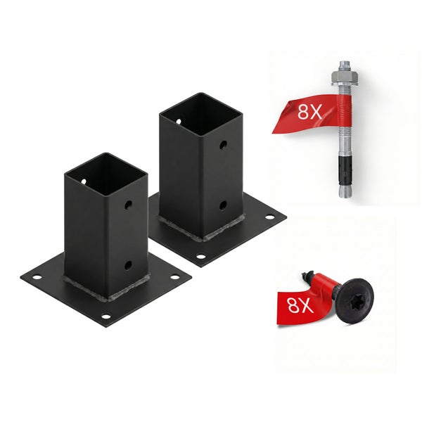 Set aus 2 schwarzen quadratischen Pfostenträgern mit 8 Bolzenankern und 8 Schrauben zur Montage.