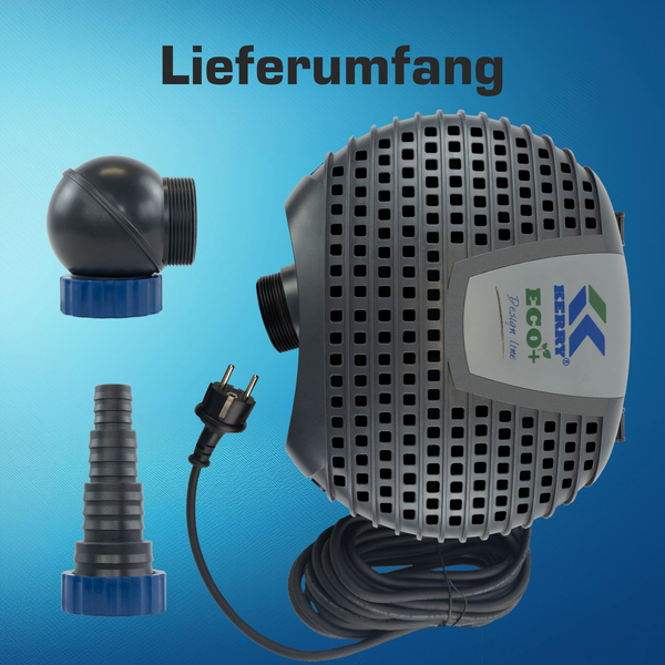 Lieferumfang für eine Teichpumpe bestehend aus Pumpe, Stromkabel mit Stecker, Kugelgelenk und Stufenschlauchtülle.