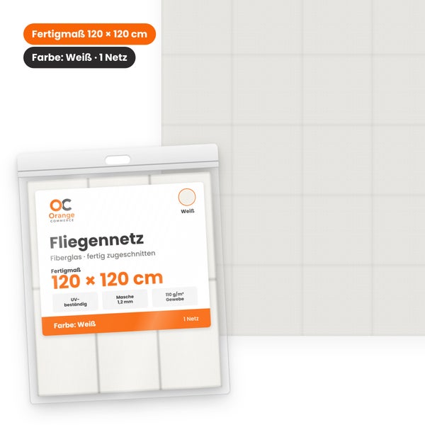 Fliegennetz aus Fiberglas in 120 mal 120 Zentimeter mit Orange Commerce Logo und UV Bestaendigkeit.