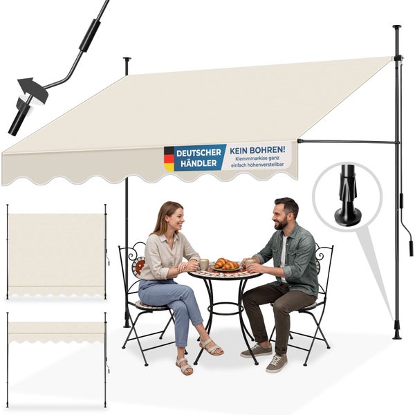 Höhenverstellbare Klemmmarkise ohne Bohren über einem Bistrotisch mit zwei Personen, inklusive Detailansichten der Teleskopstangen.