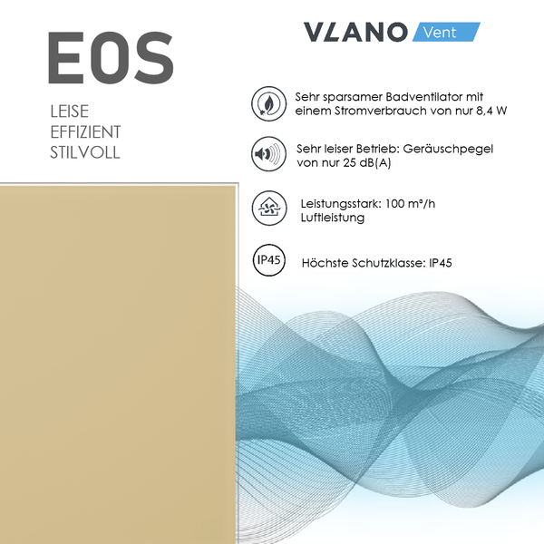 VLANO EOS Badventilator: 8,4 Watt Verbrauch, 25 Dezibel Lautstärke, 100 Kubikmeter pro Stunde Luftleistung, Schutzklasse IP45.