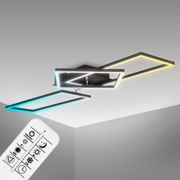 Deckenleuchte mit rechteckigen Elementen und Fernbedienung zur Steuerung der Lichtfarben.