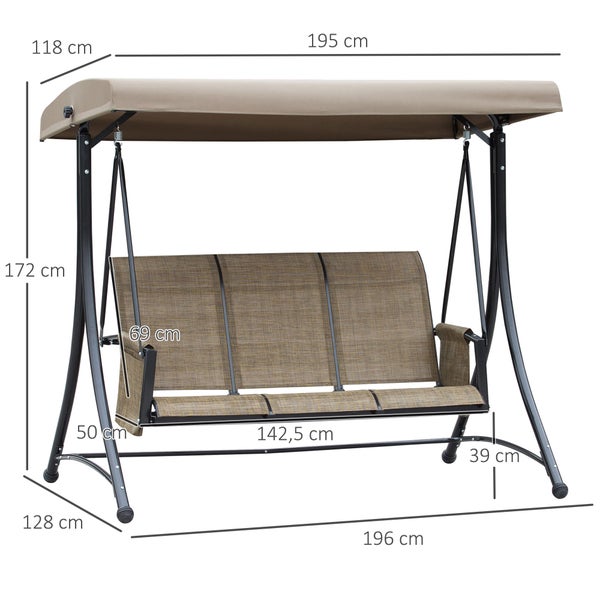 Outsunny Hollywoodschaukel mit Seitentasche, 3-Sitzer Gartenschaukel mit verstellbarem Sonnendach, Schaukelbank belast bis 300kg, für Garten, Terrasse, 196 x 128 x 172 cm, Braun