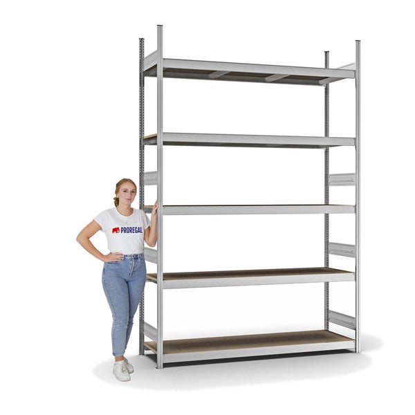 PROREGAL Weitspannregal Stecksystem T-Profil Grundregal HxBxT 300x200x50 cm 5 Ebenen Spanplatten Fachboden Fachlast 350 kg Verzinkt