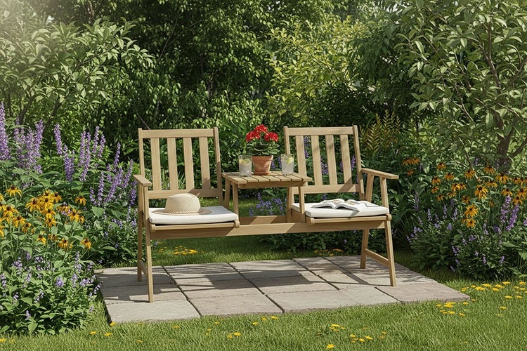 Gartenbank aus Holz für zwei Personen mit integriertem Tisch und Sitzkissen in einem blühenden Garten.