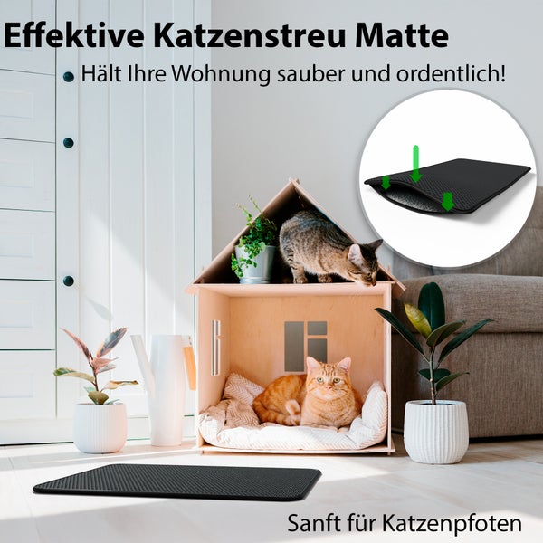 Katzentoilette Matte mit Katzenhaus und zwei Katzen