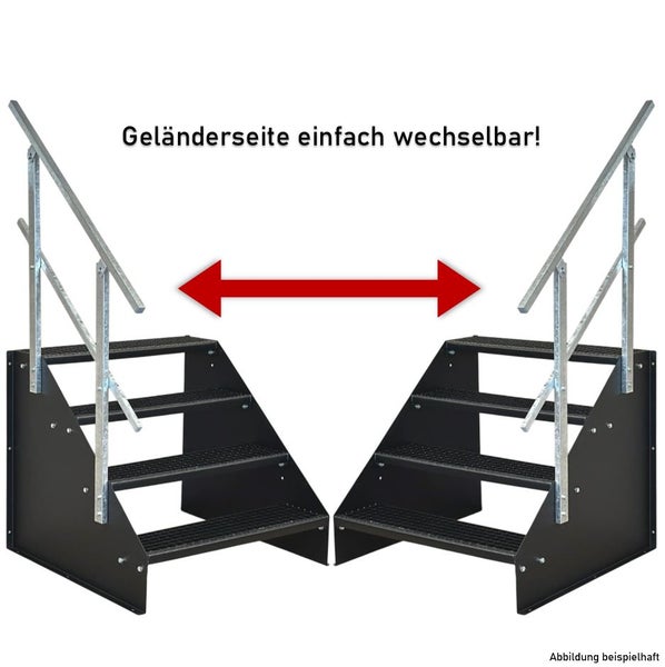 Stahltreppe mit 4 Stufen und Geländer, das wahlweise auf der linken oder rechten Seite montiert werden kann.