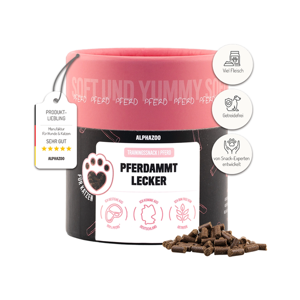 Alphazoo Trainingssnack Pferd im Behälter mit verschiedenen Siegeln und Hinweisen.