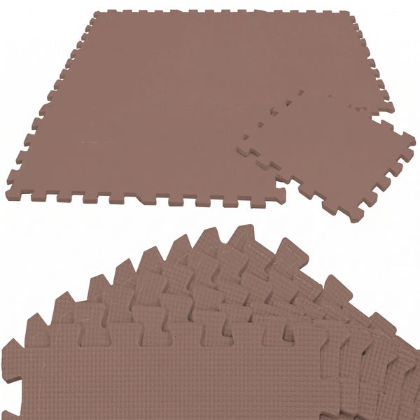 Braunes Puzzlemattenset aus Schaumstoff mit strukturierter Oberfläche und verzahnten Rändern für den Bodenschutz.