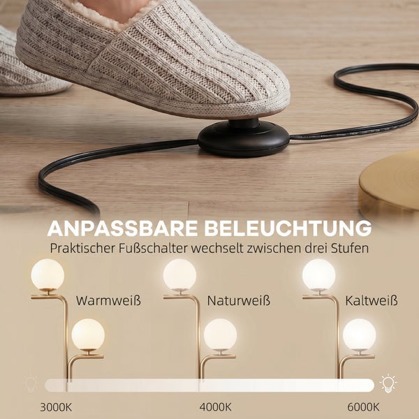 Fußschalter einer Stehleuchte auf Holzboden sowie Grafik der drei Lichtstufen Warmweiß, Naturweiß und Kaltweiß von 3000 bis 6000 Kelvin.