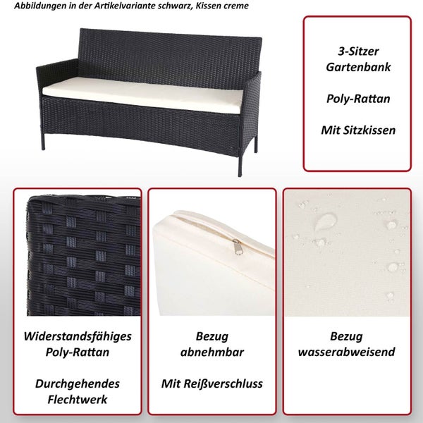 Dreisitzer-Gartenbank aus Poly-Rattan inklusive Sitzkissen mit abnehmbarem, wasserabweisendem Bezug und Reißverschluss.