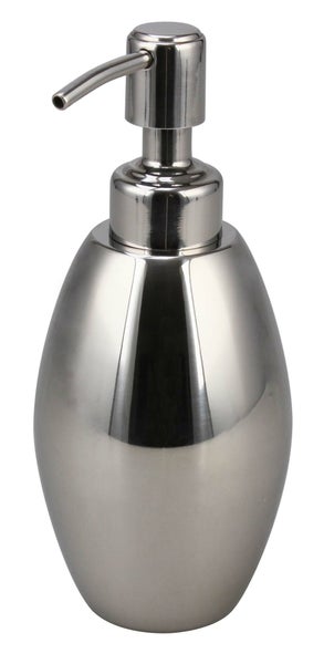 Seifenspender aus Metall in ovaler Form mit Pumpkopf.