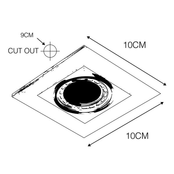 Skizze eines quadratischen Einbaustrahlers mit Maßen von 10 mal 10 Zentimetern und einem Lochausschnitt von 9 Zentimetern.