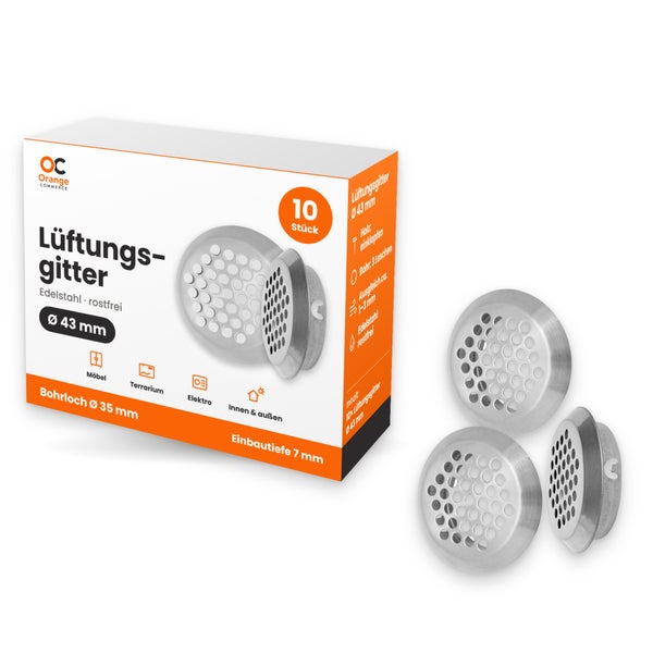 Set mit 10 runden Edelstahl Lüftungsgittern mit 43 mm Durchmesser zur Belüftung von Möbeln und Elektrogeräten