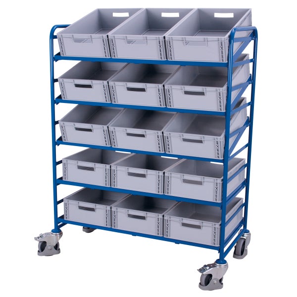 Rollwagen mit mehreren grauen Lagerboxen