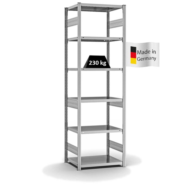 PROREGAL Fachbodenregal Stecksystem T-Profil Medium-Duty Grundregal HxBxT 250 x 75 x 50 cm 6 Ebenen Fachlast 230 kg Beidseitig Nutzbar Verzinkt