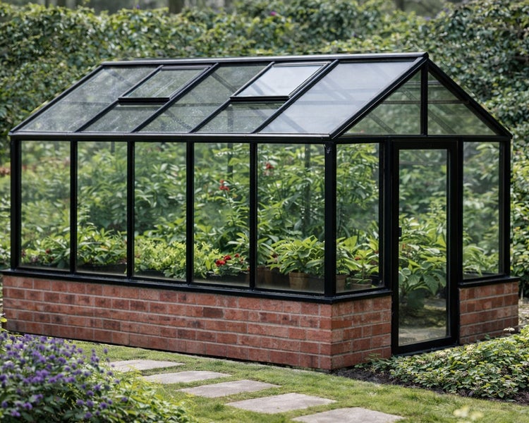 Gewächshaus mit schwarzem Metallrahmen und Glaspaneelen auf einem Ziegelsockel. Satteldach mit vier Dachfenstern und Pflanzen im Inneren.