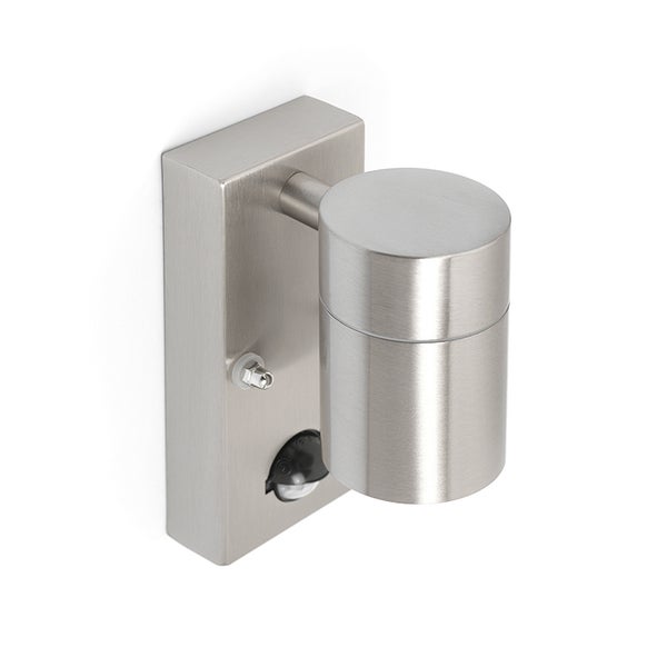 Wandleuchte aus Edelstahl mit Bewegungsmelder, zylindrischer Kopf auf rechteckigem Sockel.