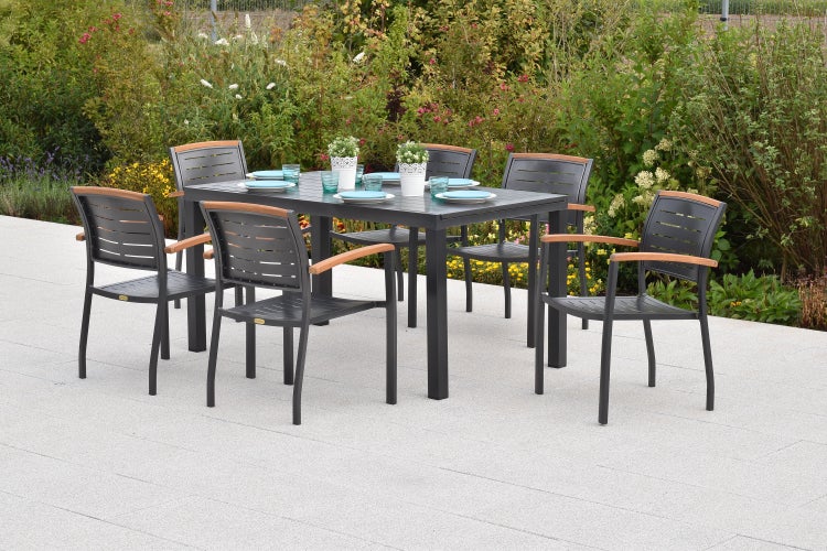 Tinos Gartenmöbel Set 7tlg., 6 Stapelsessel, Ausziehtisch 150 (200) x 90 cm