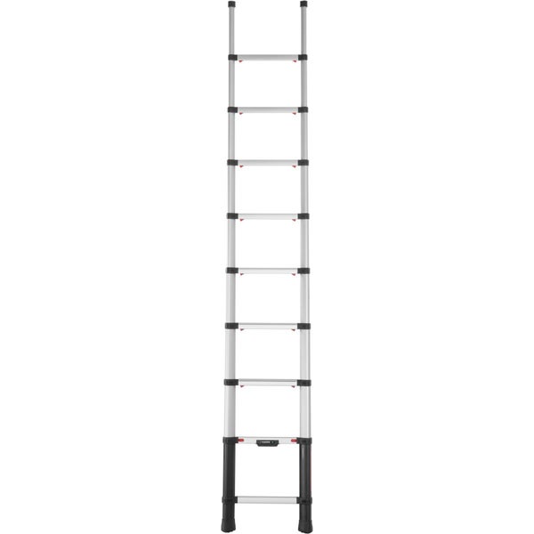 Ausziehbare Teleskopleiter aus Aluminium mit mehreren Sprossen und schwarzen Standfüßen.