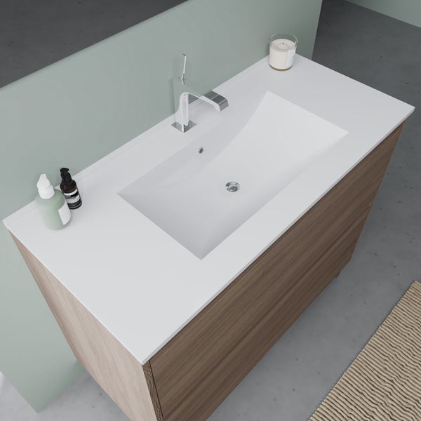 Waschtischunterschrank mit Waschbecken, Armatur, Seife und Kerze für Badezimmer